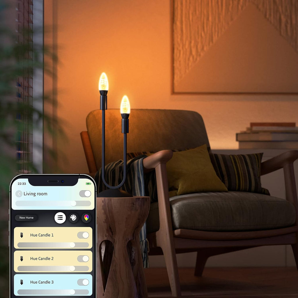 Philips Hue Filament Candle 2 Pack White Ambiance LED Smart Light Bulb [E14 Small Edison Screw] 4.9W for Indoor Home Lighting. Bedroom, Livingroom and Dining. — White Ambiance