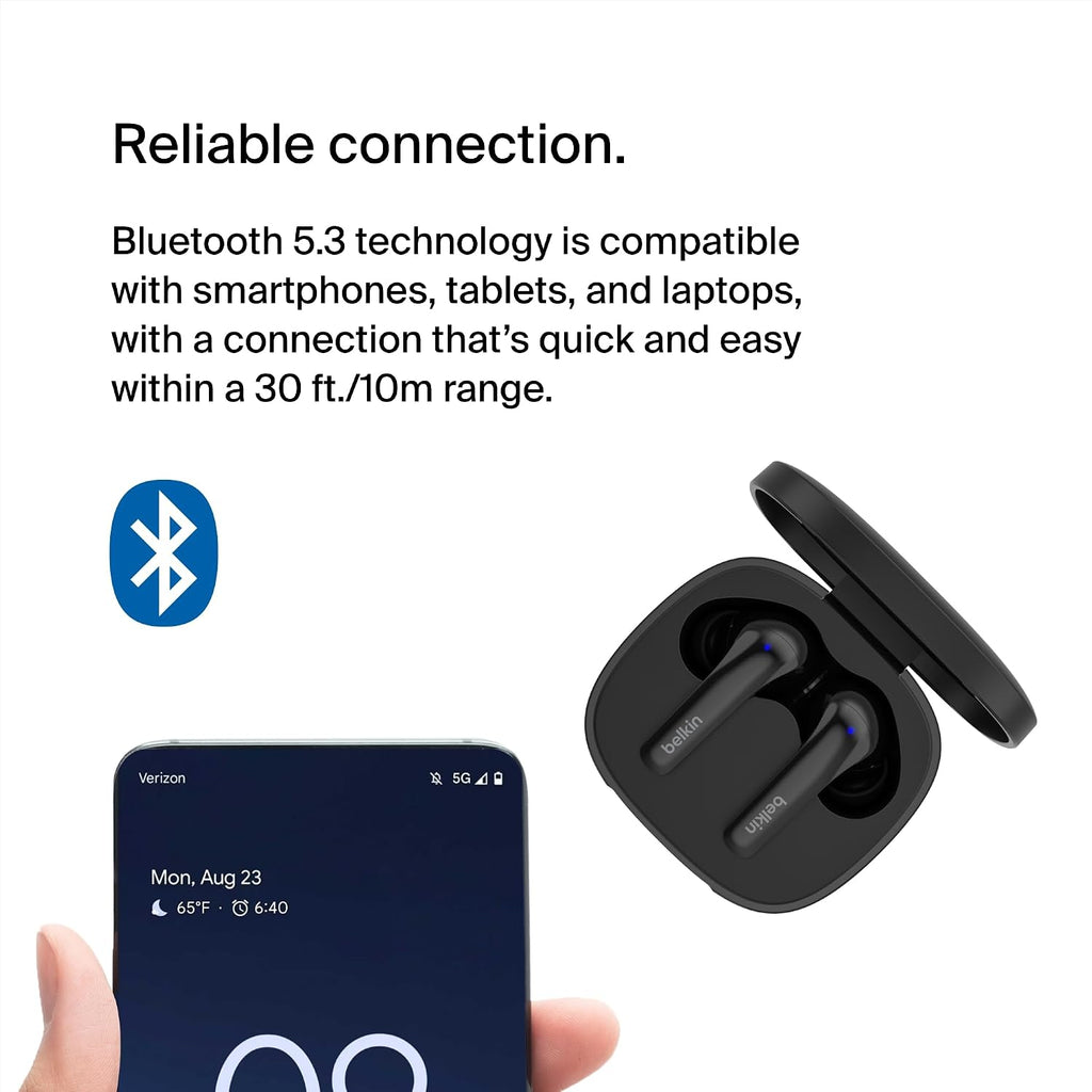 Belkin SoundForm™ Motion True Wireless Earbuds, Noise Cancelling Ear Buds with Wireless Charging Case & Dual Microphone - IPX5 Water Resistant Bluetooth Headphones for iPhone & Samsung - Black