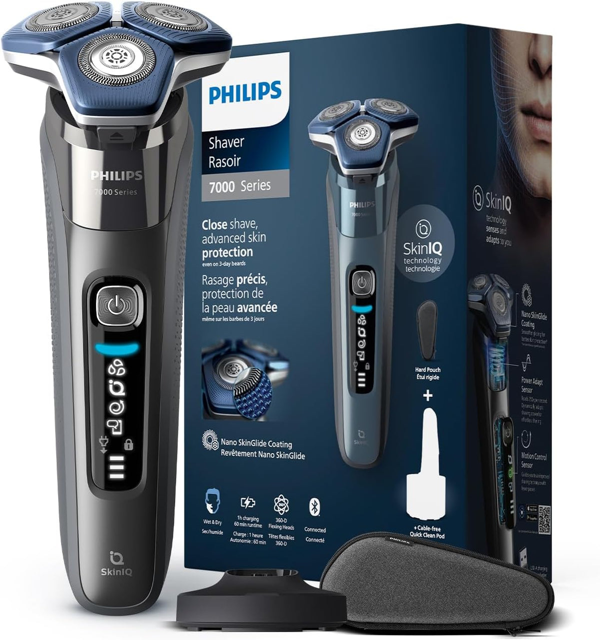 Philips Shaver Series 7000 - Wet & Dry Mens Electric Shaver with SkinIQ Technology, Pop-up Trimmer, Charging Stand, Travel Case and Cleaning Brush (Model S7887/35) — Dark Chrome