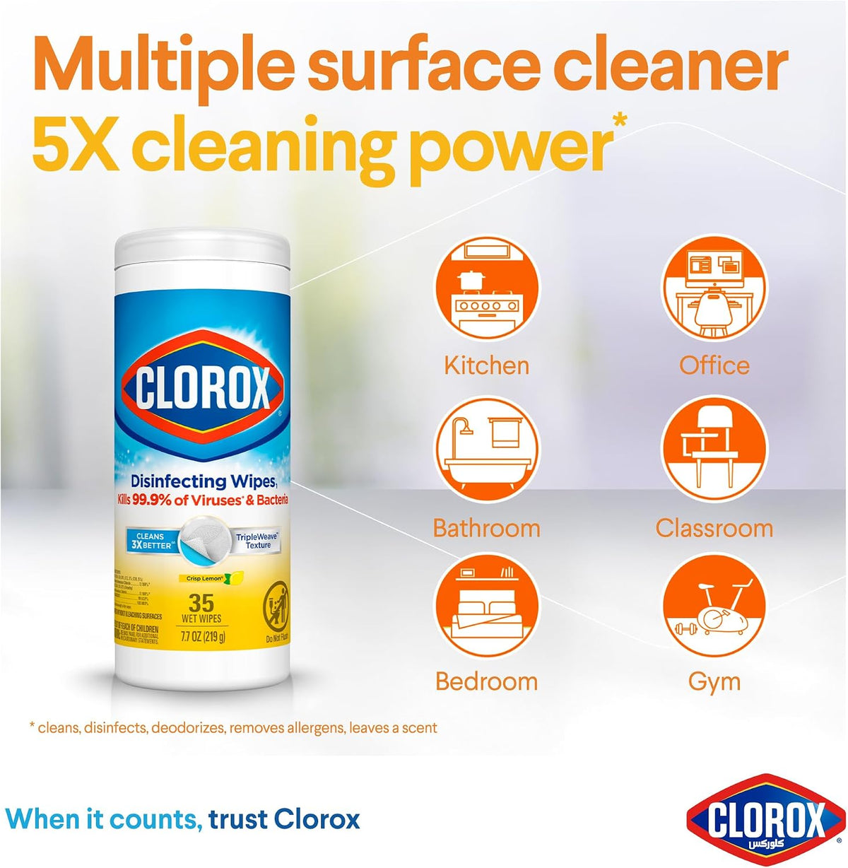 Clorox Disinfecting Wipes, 35 Wet Wipes, Crisp Lemon, Cleans 3x Better, Kills 99.9% of Viruses and Bacteria — additional view 4