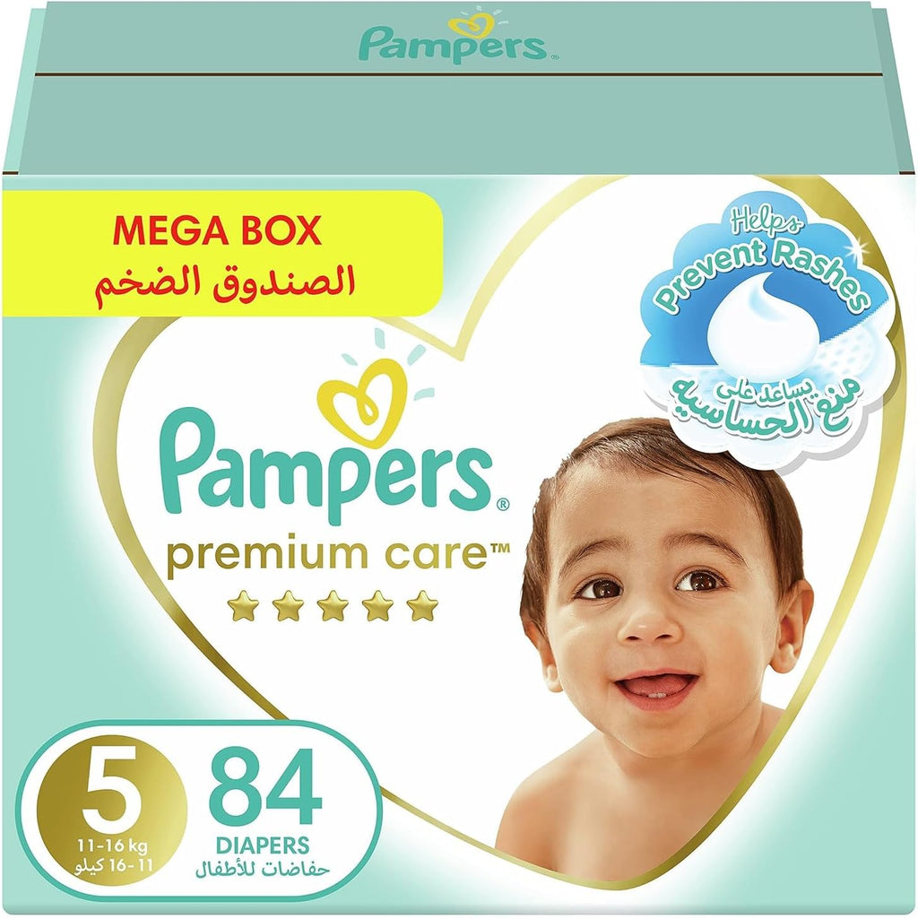 Pampers Premium Care Taped Baby Diapers, Size 5, 11-16kg, Unique Softest Absorption for Ultimate Skin Protection, 84 Count