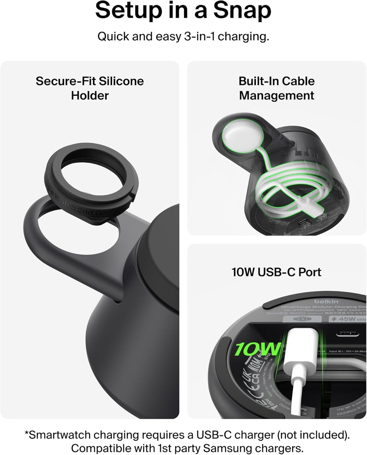 Belkin 3-in-1 Wireless Charging Station for Samsung Galaxy S26, Android - Qi2.2 25W Magnetic Charger for Pixel 10, iPhone 17, USB C Port for Galaxy, Pixel, & Apple Watch (Watch Charger Not Included)
