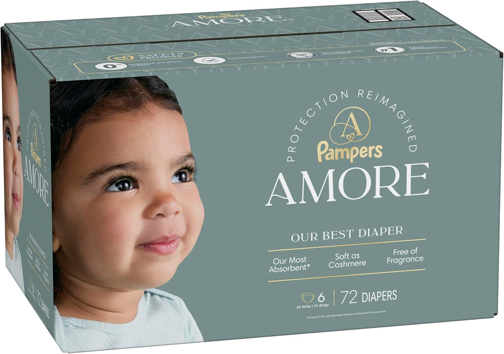 Pampers Amore, Size 6 (23-44 lbs), 72 Count, Our Best Diaper – Hypoallergenic & Fragrance Free, Up to 100% Leakproof, Soft as Cashmere