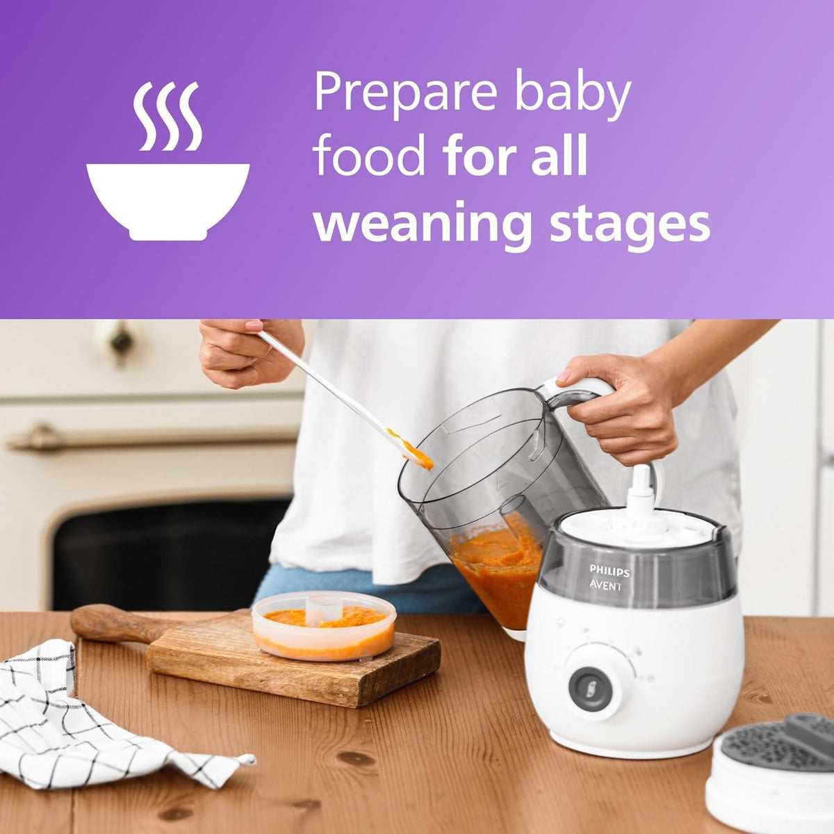 Philips 4 in 1 COMBINED STEAMER AND BLENDER + RECIPE BOOKLET + 120ml STORAGE BOWL (SCF883 / 01) — White