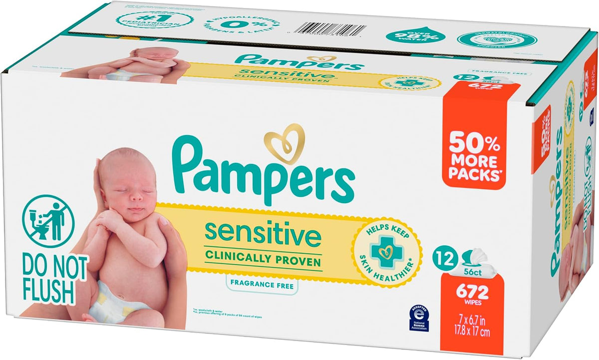 Pampers Sensitive Baby Wipes, Unscented, Fragrance Free, Clinically Proven, Water Based, Hypoallergenic, Multi-Use, Hand Wipes, 672 Wipes Total (12X Flip-Top Packs)