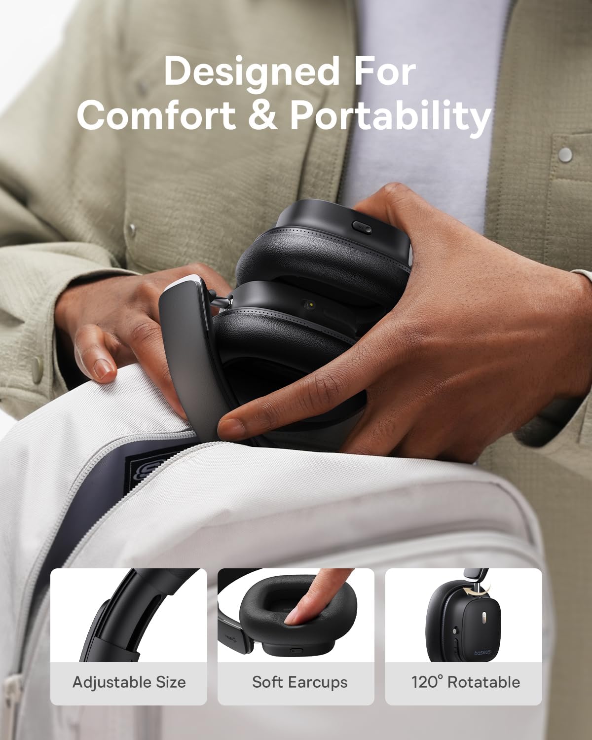 Baseus Bowie 30 Max Active Noise Cancelling Headphones, Head Tracking Spatial Audio, LDAC Hi-Res Wireless Sound, 65H Playtime, Comfort Fit, Clear Calls, App Control — Black