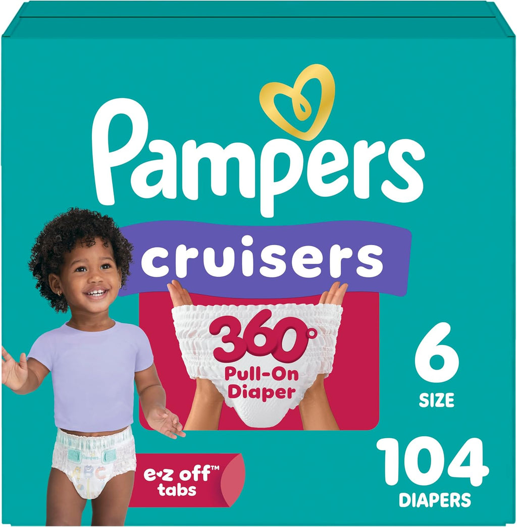 Pampers Diapers Size 6, 104 Count - Pull On Cruisers 360° Fit Disposable Baby Diapers with Stretchy Waistband, (Packaging & Prints May Vary)
