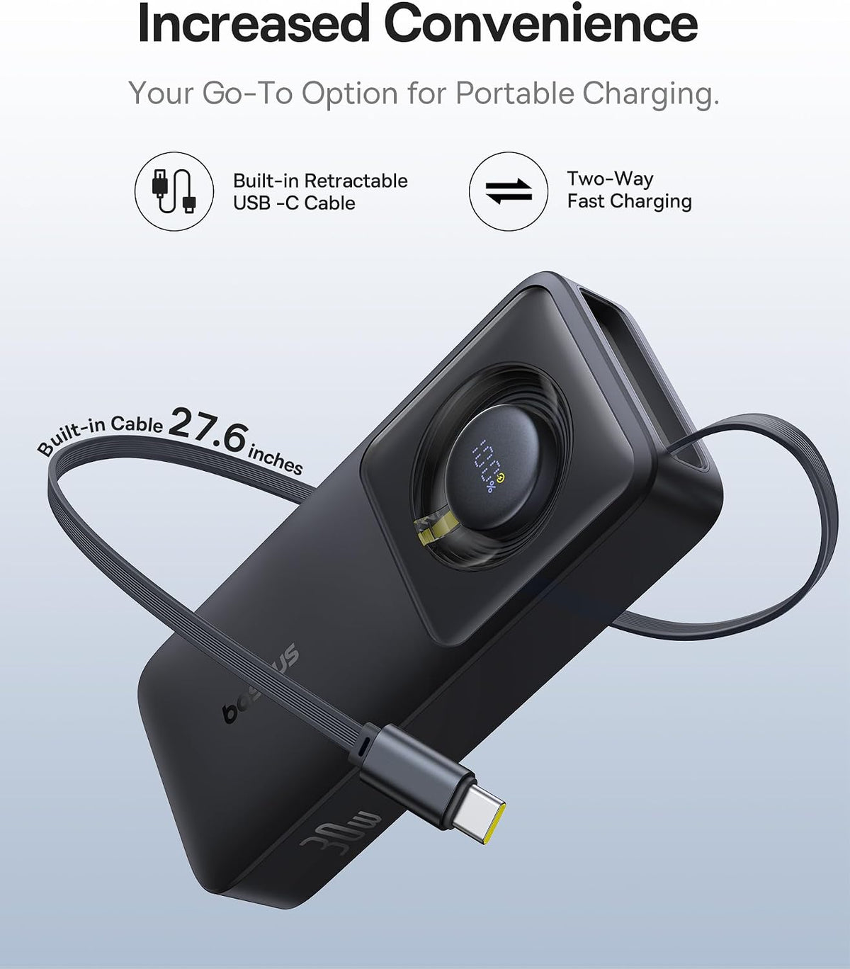 Baseus Free2Pull Power Bank 10000mAh 30W with Retractable USB-C Cable — Black