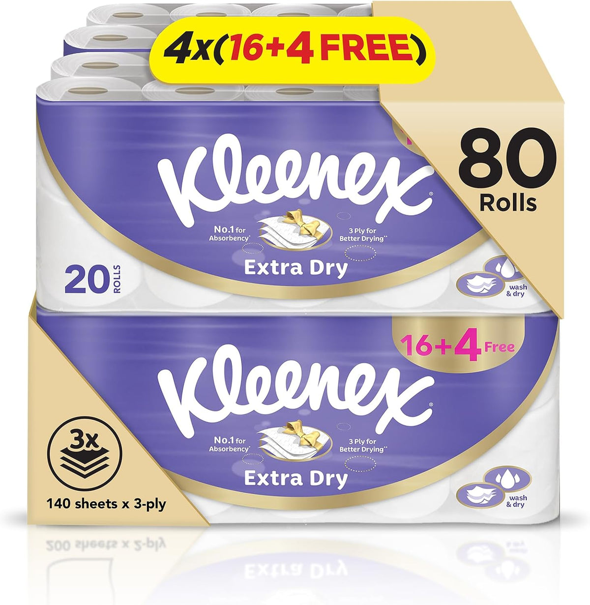 Kleenex Extra Dry ToiletTissue Paper, 3 PLY, 80 Rolls x 140 Sheets, Embossed Bathroom Tissue with Superior Absorbency — front product image