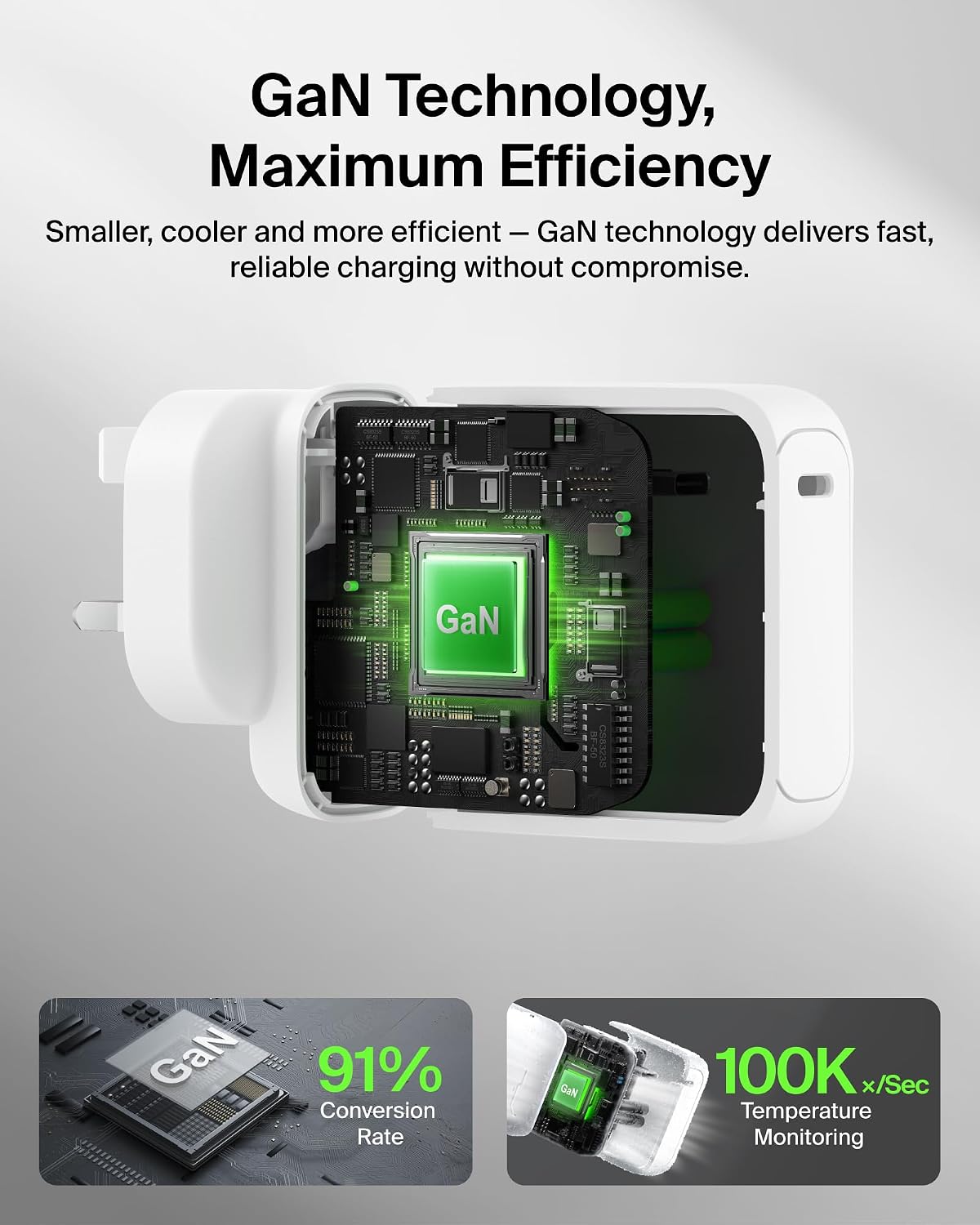 Belkin BoostCharge USB C Plug Charger 100W, GaN Compact and Foldable Plug Charger, Fast Charging for iPhone 17, Samsung Galaxy S26, Pixel 10, AirPods, Tablet, MacBook, Chromebook - White