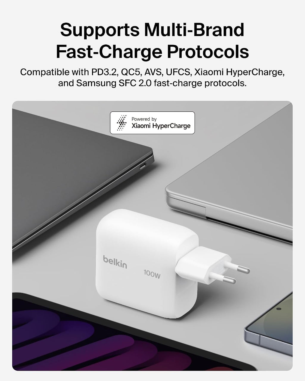 Belkin BoostCharge USB C Plug Charger 100W, GaN Compact and Foldable Plug Charger, Fast Charging for iPhone 17, Samsung Galaxy S26, Pixel 10, Tablet, MacBook - 1.5m USB C Cable Included - White