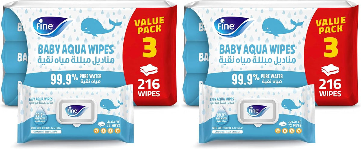 Fine Baby Water Wipes, 99% Pure Water, Free from Alcohol, Fragrance & Paraben, Pack of 6 x 72 Wipes (216 Wipes) — front product image