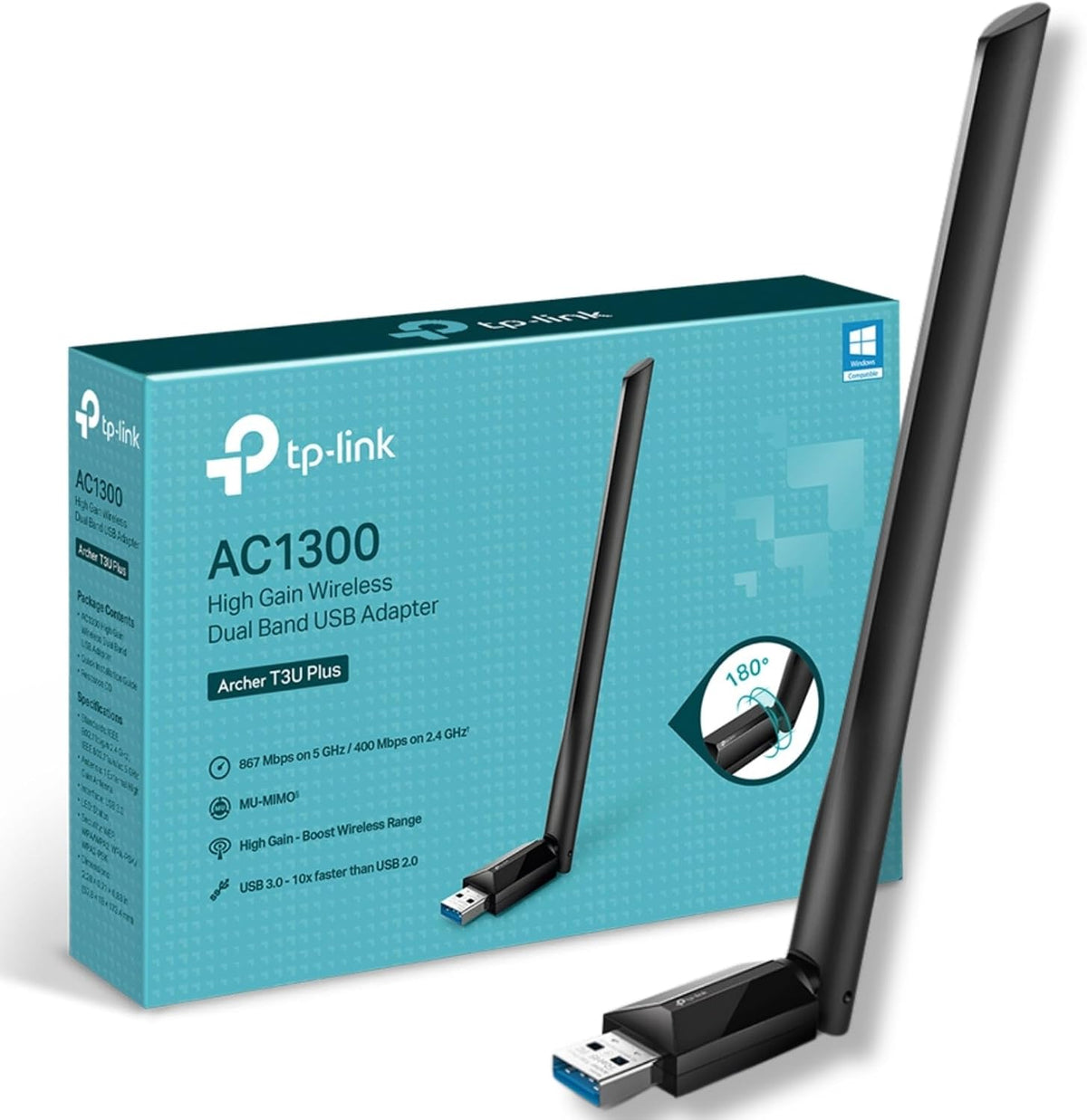 TP-LINK AC1300 High Gain USB 3.0 Wi-Fi Dongle, Dual Band MU-MIMO Wi-Fi Adapter with 5dBi Antenna for PC/Desktop/Laptop, Supports Windows 10/8.1/8/7 (Archer T3U Plus)