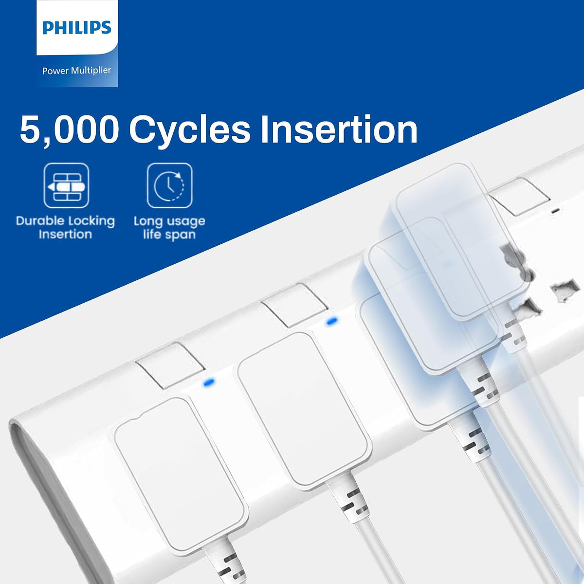 Philips 4-Way Universal Power Extension Cord with Individual Switches (3M), 2500W Overload Protection, 750°C Fire-Resistant, 3x1mm² Heavy Duty Cable, 13A Fuse, ESMA Certified, UK Plug (4UV-3m) — White
