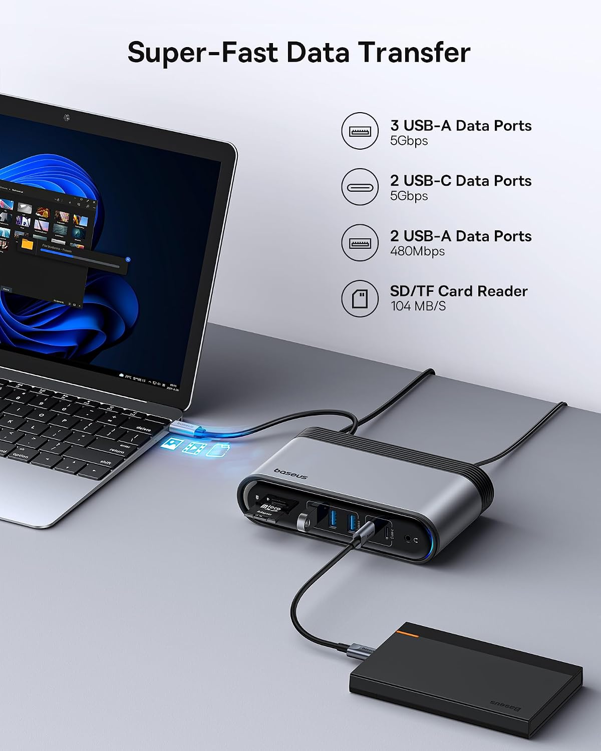 Baseus 17-in-1 Laptop Docking Station 3 Monitors with 4K HDMI+DP, USB C Docking Station with 7 USB, 1000Mbps Ethernet, 100W PD, Card Readers — 17 in 1 — Black