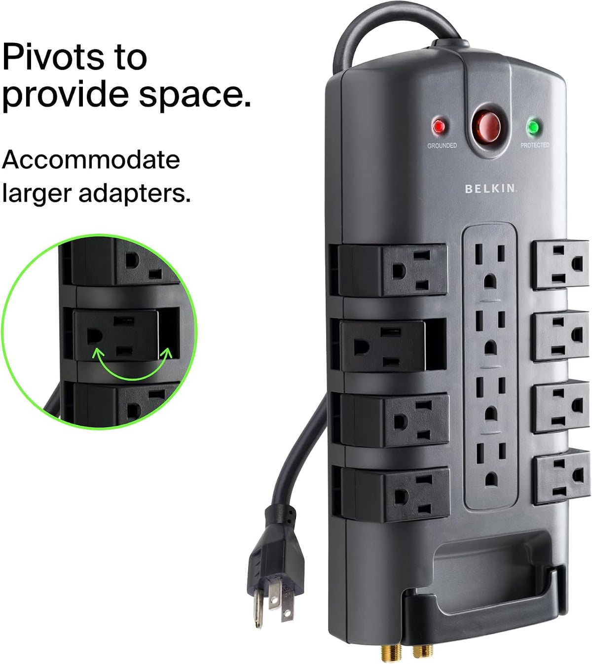 Belkin Surge Protector Power Strip w/ 8 Rotating & 4 Standard Outlets - 8ft Sturdy Extension Cord w/Flat Pivot Plug for Home, Office, Travel, Desktop & Charging Brick - 4320 Joules of Protection