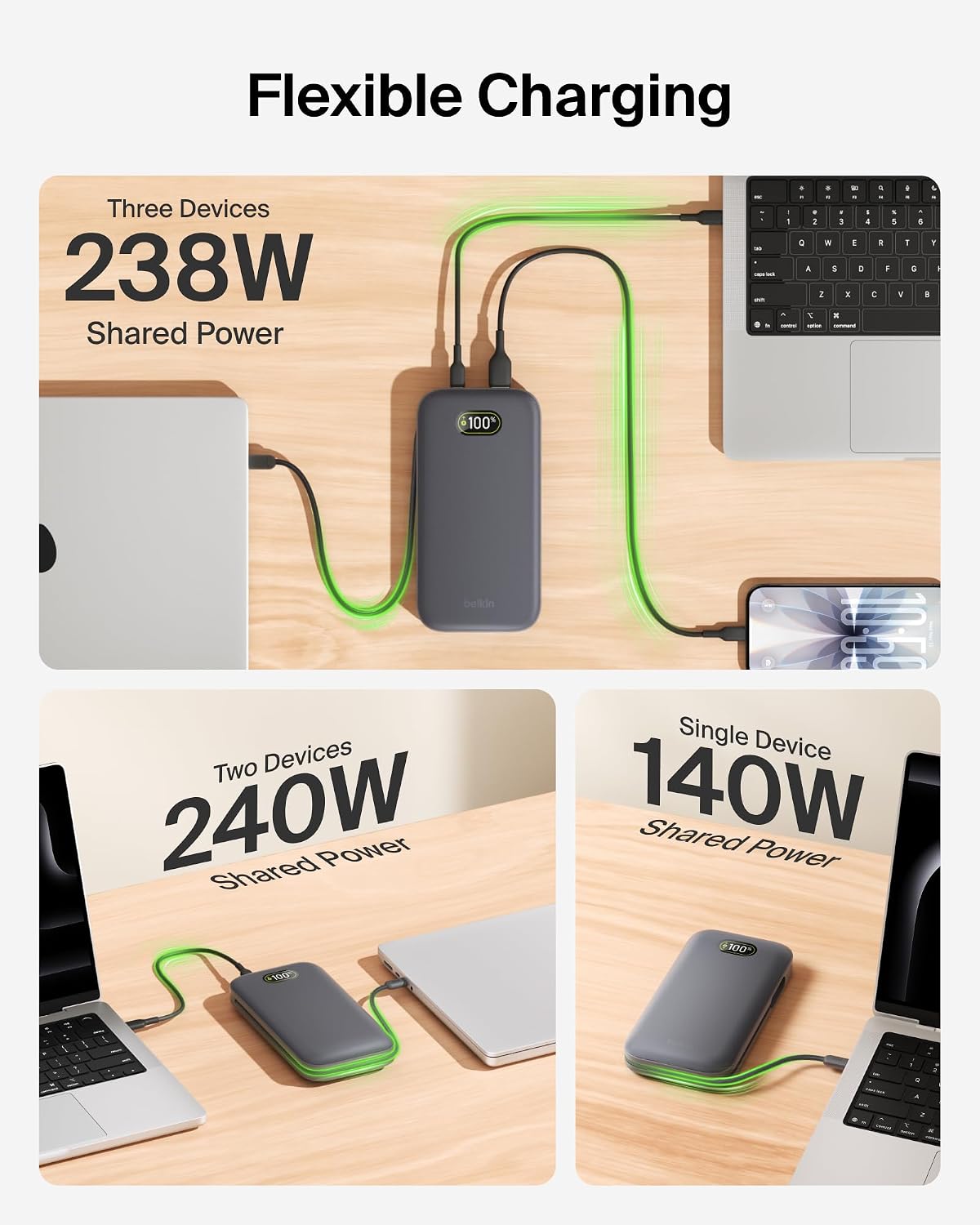 Belkin UltraCharge Pro Power Bank 27000mAh 240W, Portable Charger with Integrated USB C Cable, USB PD - Fast Charging Battery Pack for MacBook Pro, iPhone, iPad, Galaxy, Pixel & More - Charcoal