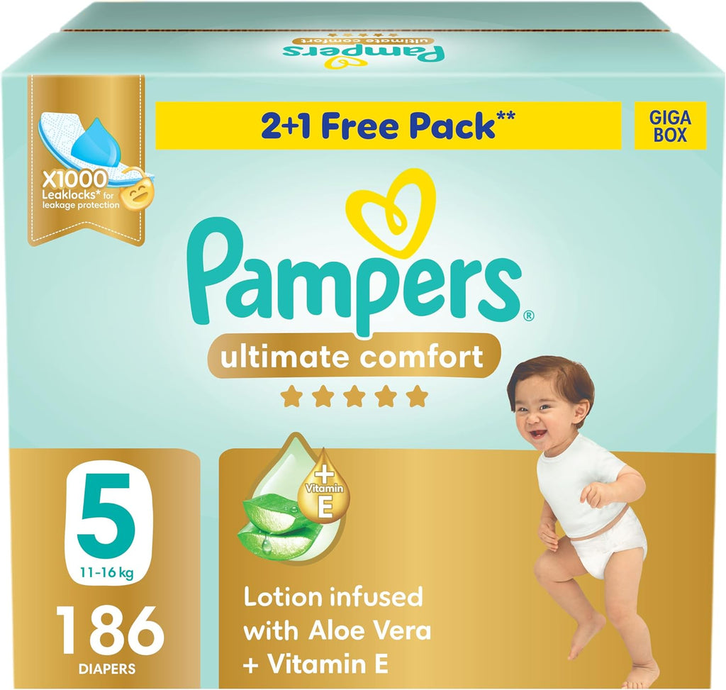 Pampers Ultimate Comfort Premium Taped Diapers 11-16kg Size 5 Box 186 Count