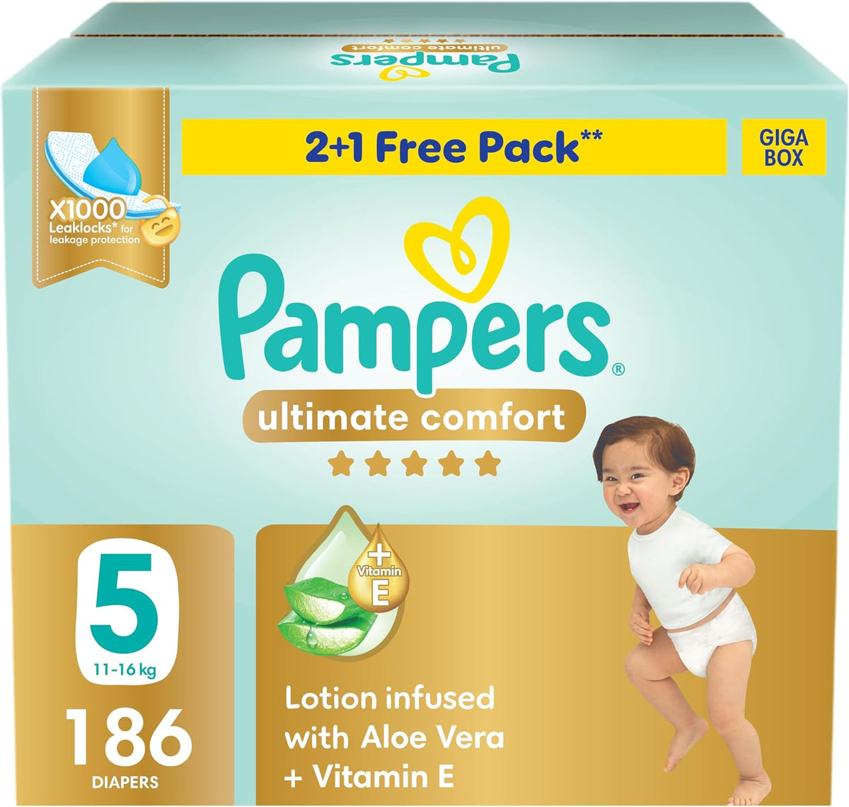 Pampers Ultimate Comfort Premium Taped Diapers 11-16kg Size 5 Box 186 Count