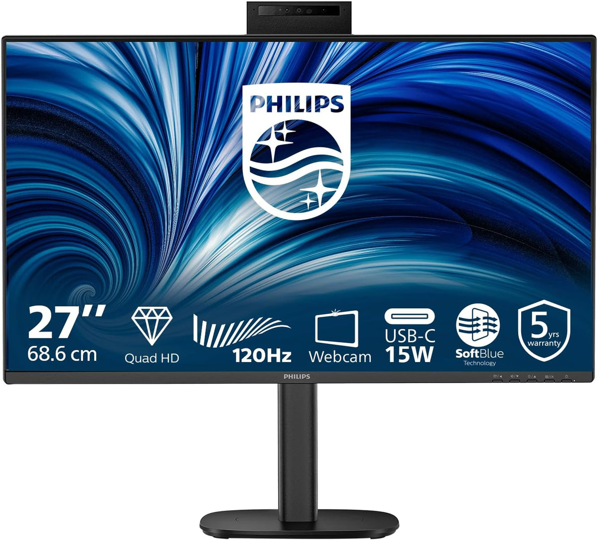 Philips Monitor 27B2N3500JH 27 Inch 120Hz IPS Panel, 4ms GtG, Height Adjustable, Webcam, Speakers, USB Hub (2560x1440 HDMI 2X 2.1 TMDS DP 1x 1.2) Black — Black