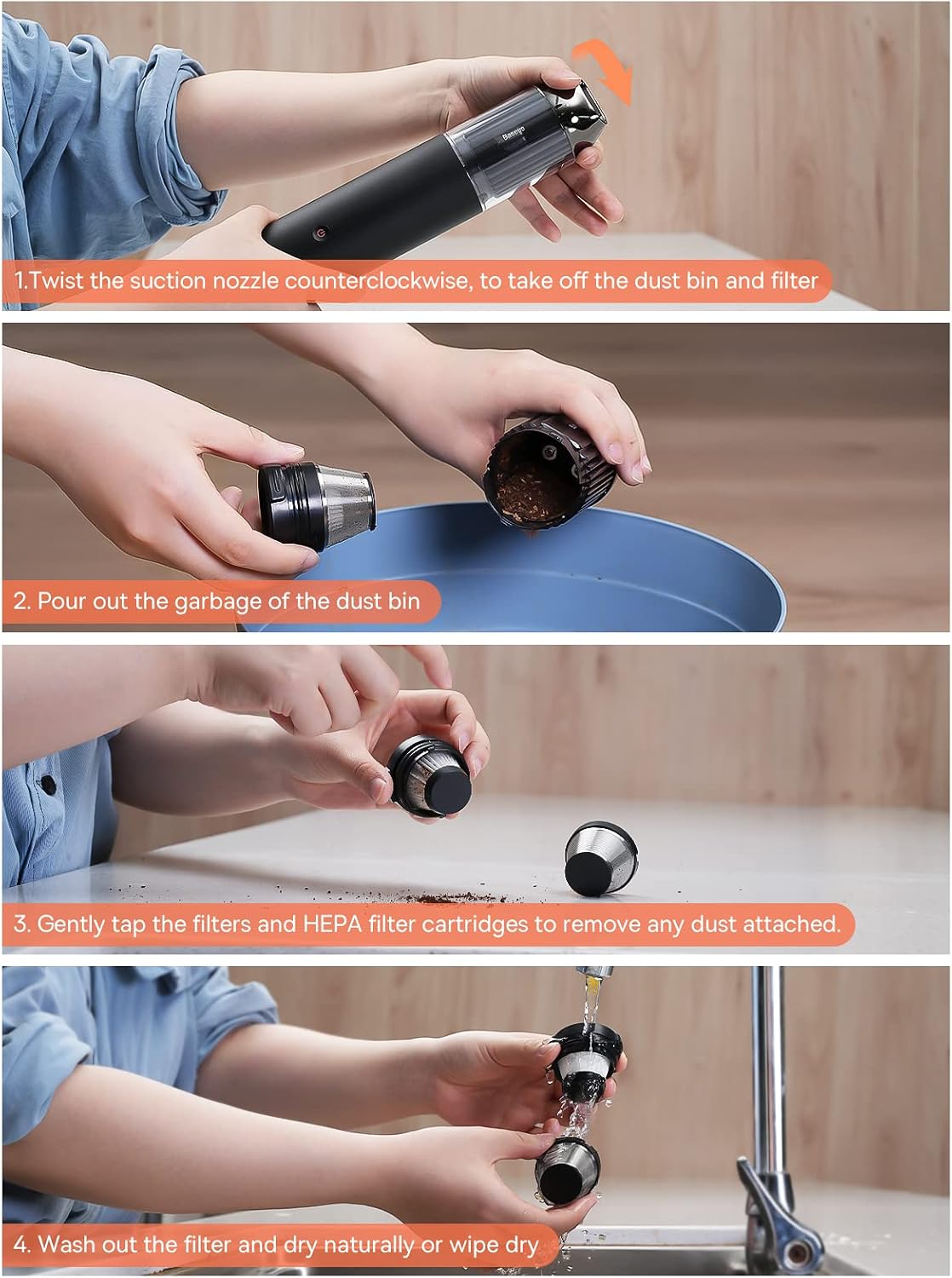 Baseus Car Vacuum Cleaner, 15kPA Handheld Vacuum with Type C Fast Charging, 136W Car Vacuum Cordless Rechargeable with LED Lights, Mini Dust Buster for Car, Pet, Desk, Laptop — Black