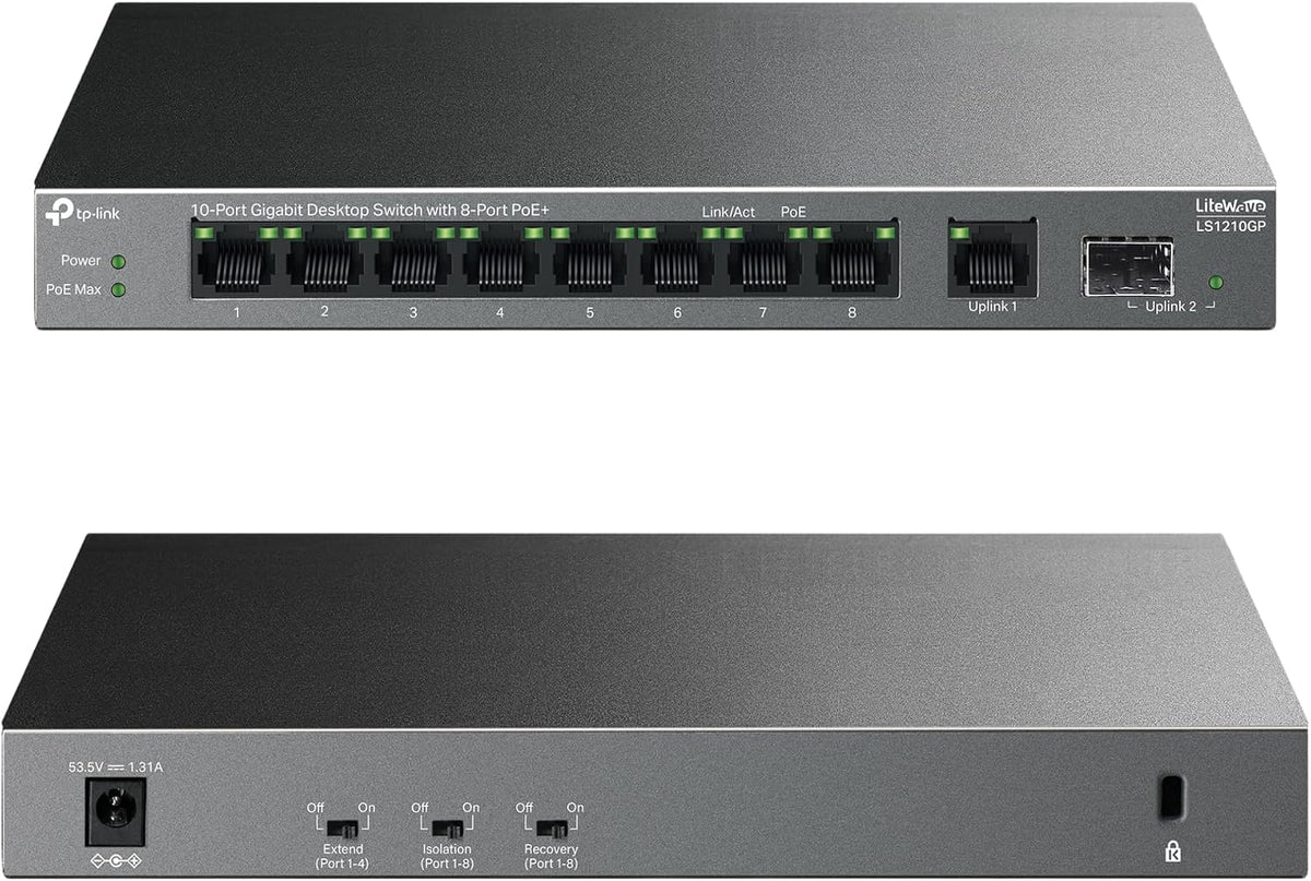 TP-Link 10-Port Gigabit Desktop Switch with 8-Port PoE+, 61 W PoE Budget, 30 W PoE output, Up to 250m PoE Transmission. Traffic Separation, Plug and Play, Fanless, Metal Case (LS1210GP)