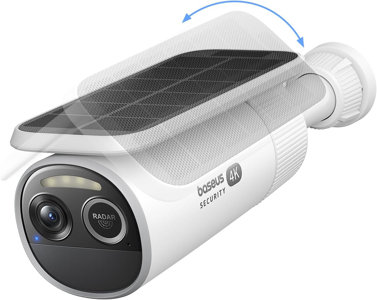 Baseus S2 4K Solar Security Cameras Wireless Outdoor - Radar+PIR Detection, AI Face Recognition, Auto Sunlight-Tracking, Color Night Vision, IP67, No Monthly Fee, Local Storage — 4K-Solocam — White