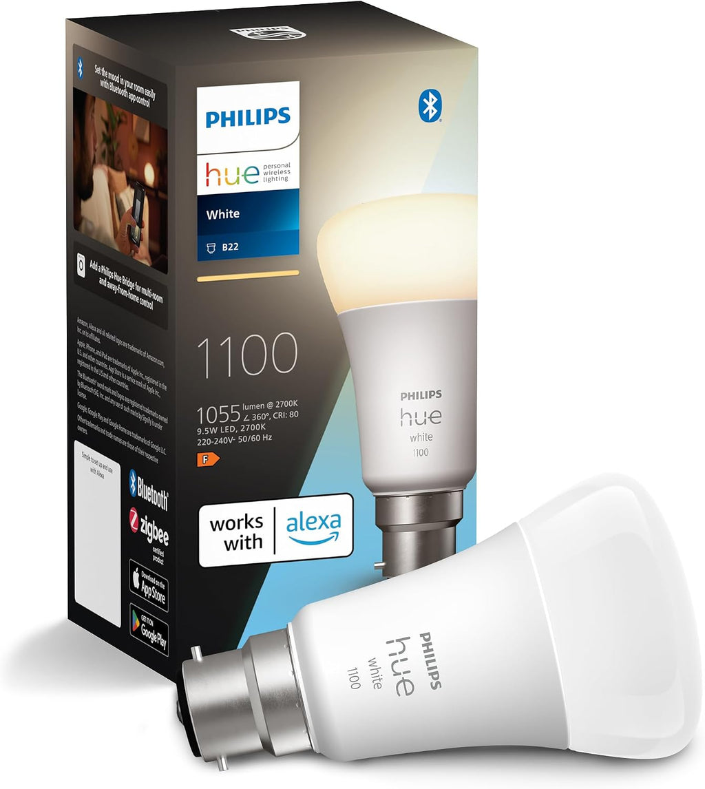 Philips Hue Smart Bulb, B22, Dimmable, Dynamic Settings, Works with Alexa, Google Assistant and Apple Homekit — White