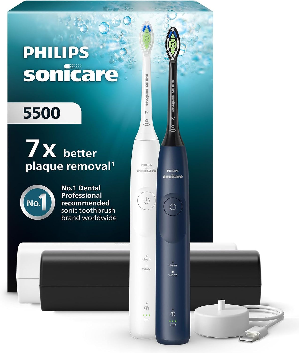 Philips Sonicare HX7119/01 5500 Electric Toothbrush, Sonic Toothbrush with 2 Cleaning Modes, Pressure Control, EasyStart, SmarTimer and BrushPacer, White and Navy, Pack of 2 — White and Navy