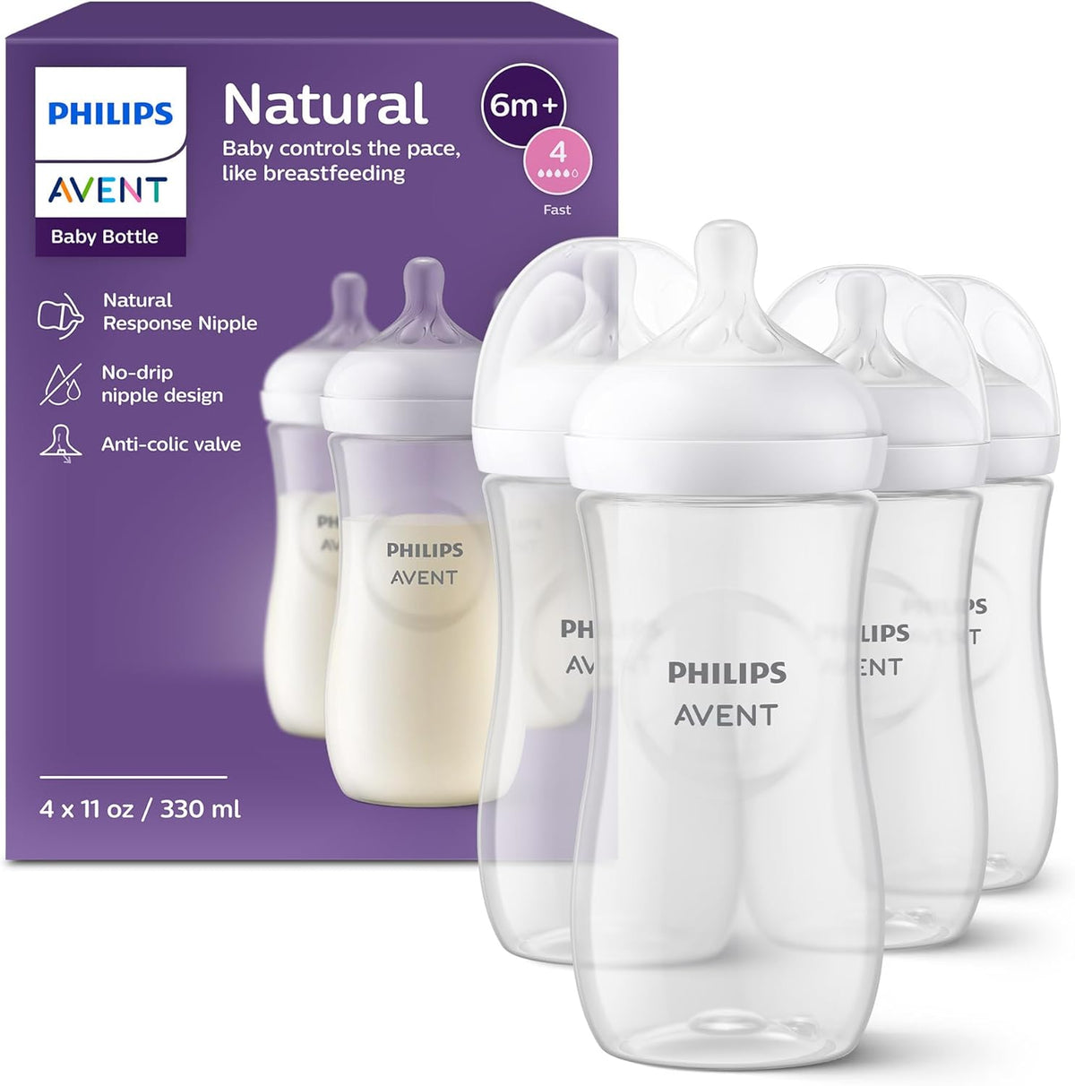 Philips AVENT Natural Baby Bottle with Natural Response, Clear, 11oz, 4pk, SCY906/04 — Clear