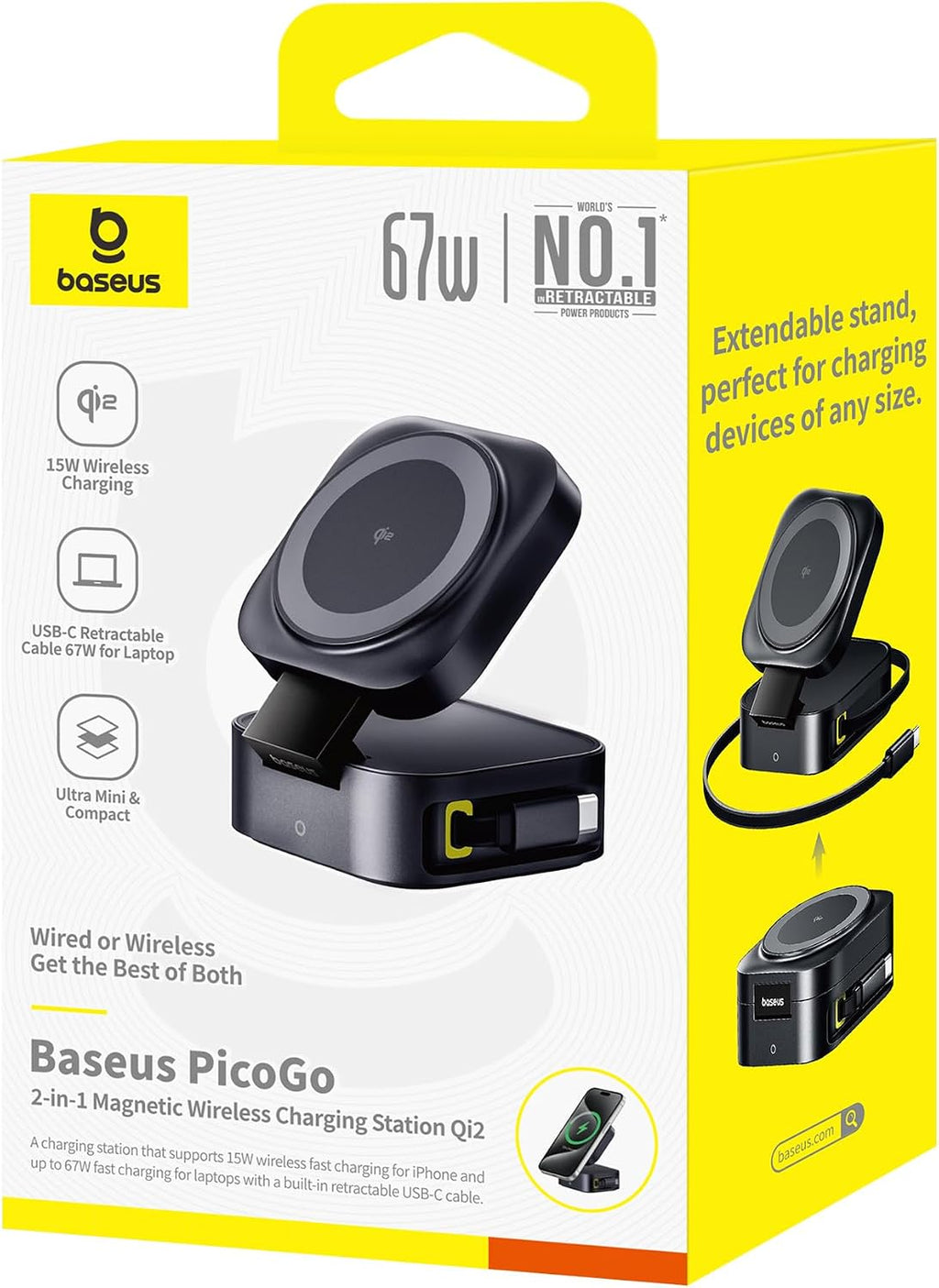 Baseus PicoGo W2 2-in-1 Qi2 Wireless Charging Station 15W with Retractable USB-C Cable — Grey