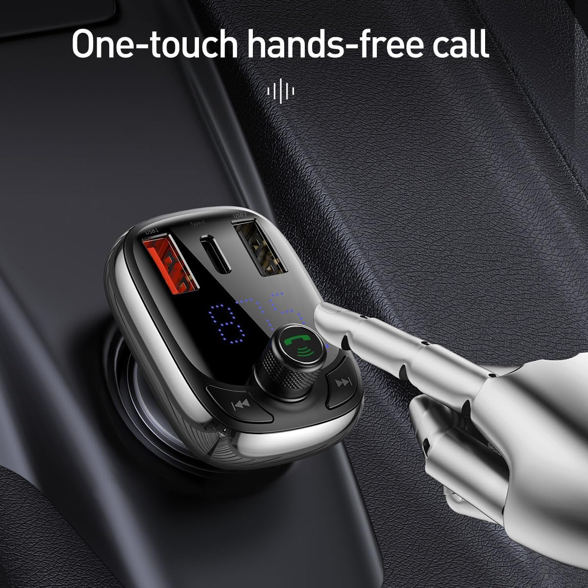 Baseus T Shaped S-13 36W USB C Car Charger & Bluetooth FM Transmitter with LED Display, 12V-24V Adapter Dual USB Fast Charger — Black