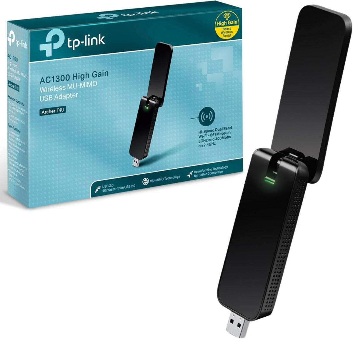 TP-LINK Wi-Fi Dongle AC1300 Wireless Dual Band USB Wi-Fi Adapter for PC Desktop Laptop Tablet (Supports Windows XP/7/8/8.1/10, OS X (10.710.11) and Linux, USB 3.0, WPS Button) (Archer T4U V3)
