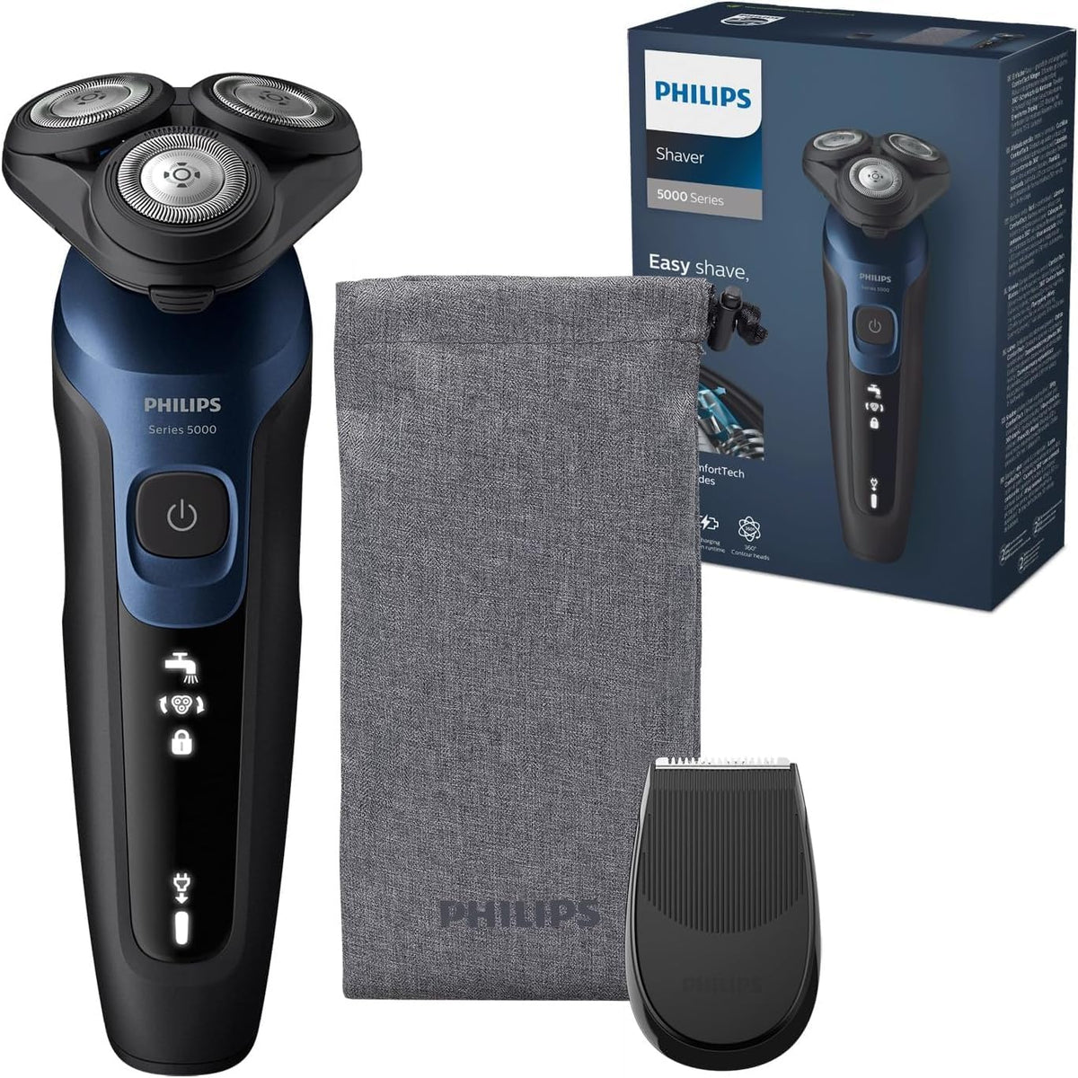Philips Shaver Series 5000 - Wet & Dry Electric Men's Shaver in Metallic Blue with Precision Trimmer and Soft Pouch Travel Case (Model S5465/18) — Blue
