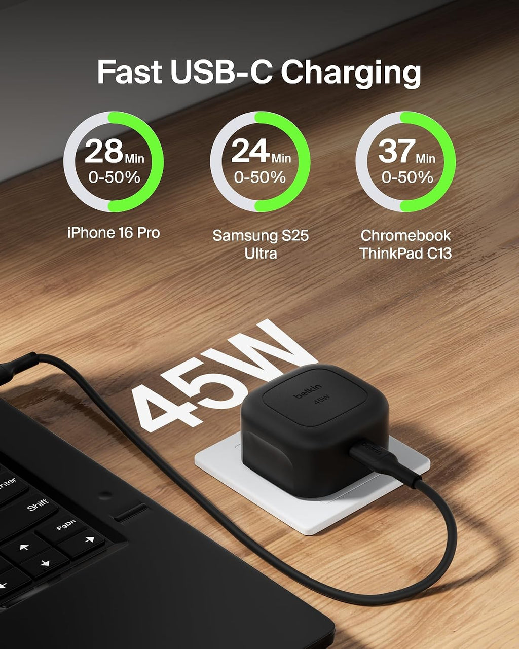 Belkin Compact Wall Charger 45W + USB-C to USB-C Cable, Fast Charging for Apple iPhone 17, iPhone Air, iPhone 16 Serie, Samsung Galaxy S25, Google Pixel, iPad, AirPods & More - Black