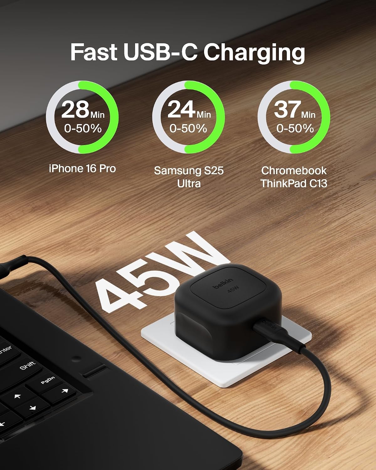 Belkin Compact Wall Charger 45W, USB-C Power Delivery Fast Charging for Apple iPhone 16, 16 Plus, 16 Pro, 16 Pro Max, 15 Series, Samsung Galaxy S25, iPad, AirPods & More - Black