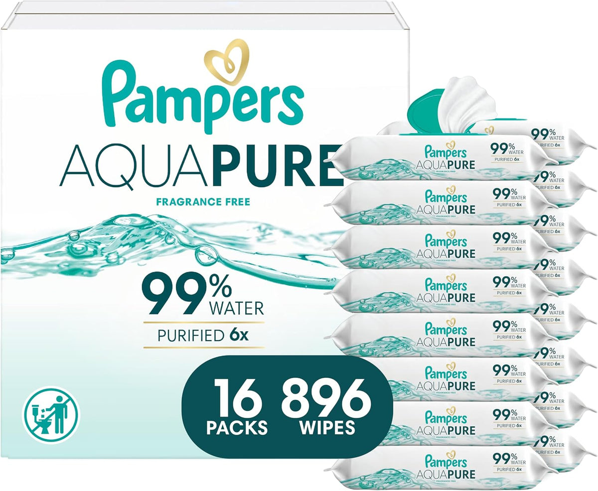 Pampers Aqua Pure Sensitive Baby Wipes, 99% Water, Hypoallergenic, Unscented (896 Count, 16 Flip-Top Packs)