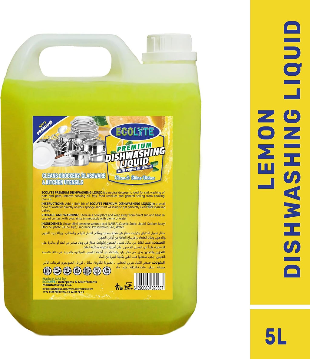 ECOLYTE+ Dishwashing Liquid Soap, Platinum Antibacterial Detergent & Perfect Shine, All Purpose Cleaner, Leaves No Residue, Kitchen Cleaner, Removes Grease & Oil - (Lemon, 5 Liter) — additional view 3