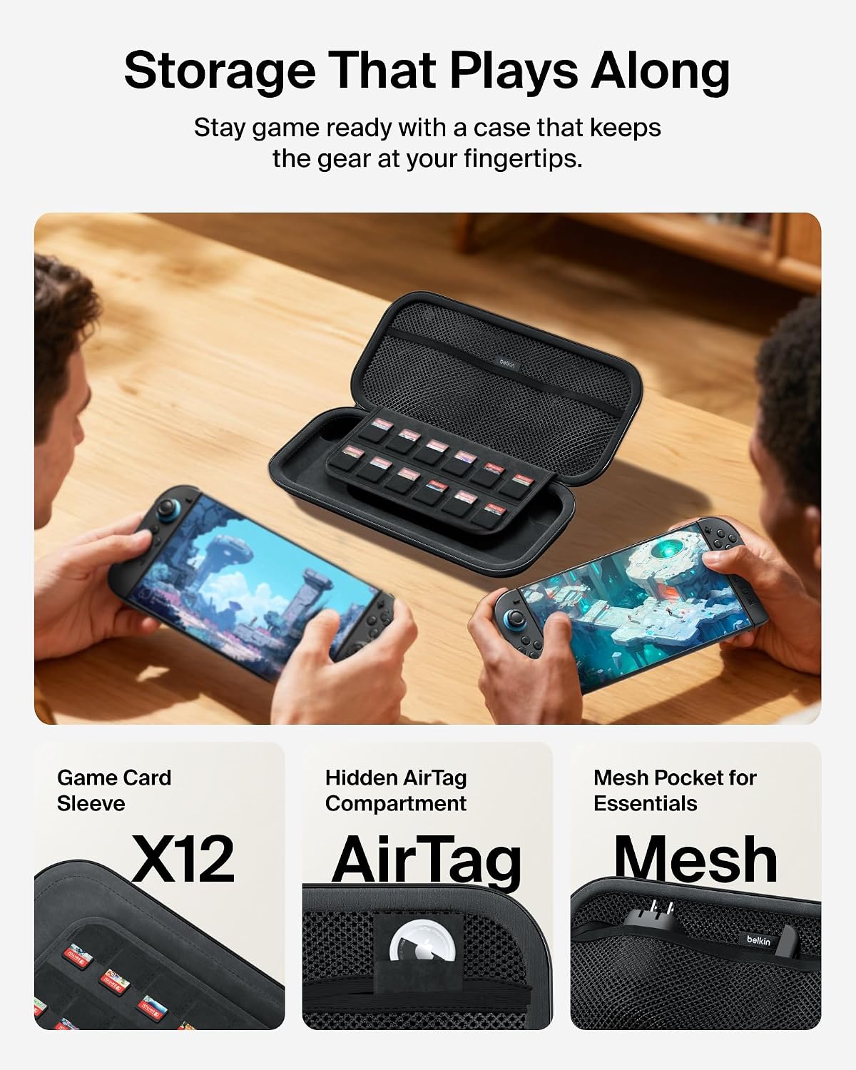 Belkin Nintendo Switch 2 Case Travel Bag w/AirTag Holder & Game Card Storage Pocket - Portable Lightweight Protective Carrying Case w/Hard Shell & Soft Interior, Gaming Travel Essentials - Charcoal
