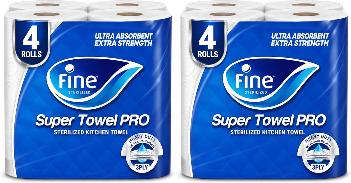 Fine Kitchen Paper Towel Roll, 60 Sheets X 3 Ply, 4 Rolls. Fine Super Pro, Sterilized Tissues For Germ Protection, Half Perforated (Pack of 2) — front product image