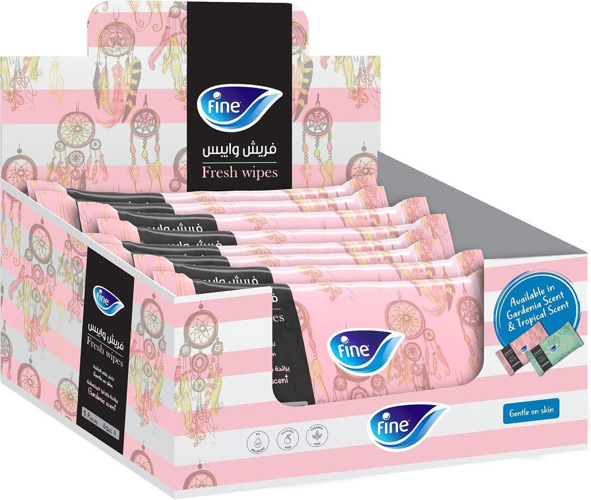 Fine, Fresh Wipes Gardenia Scent, Pack of 8x20 Wipes, Alcohol Free, Gentle on the face and skin — front product image
