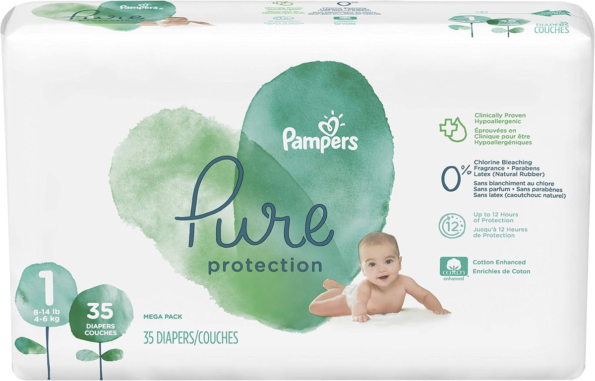Pampers Pure Disposable Baby Diapers, Hypoallergenic and Fragrance Free Protection, Size 1 (8-14 lb), 35 Count