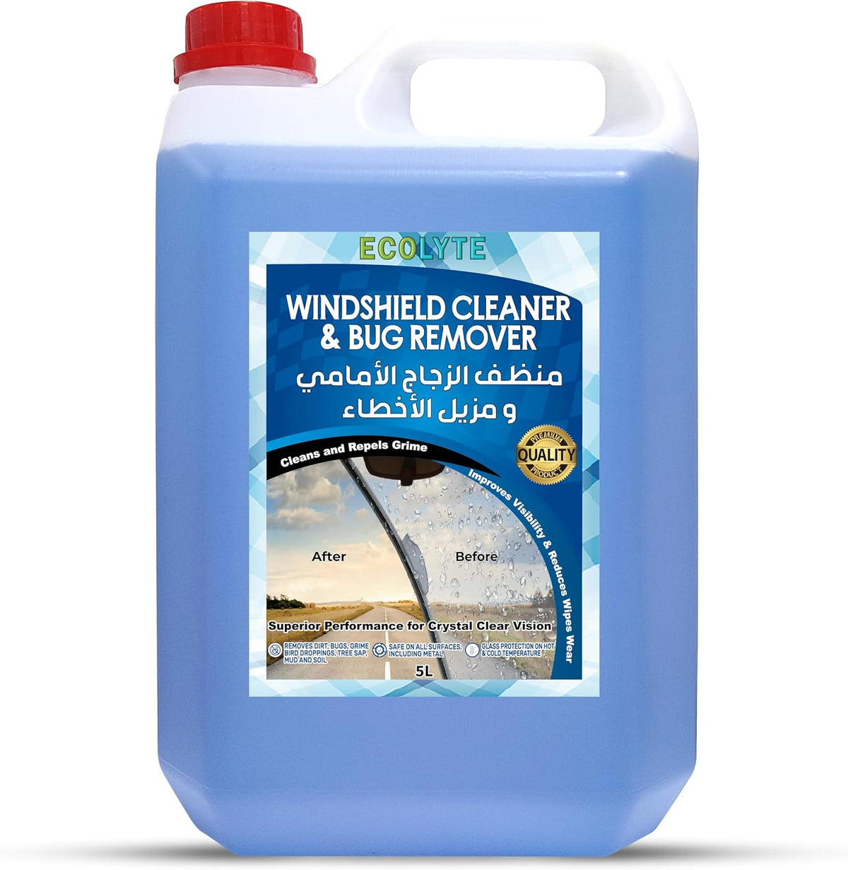 ECOLYTE+ Windshield Cleaner & Bug Remover, Premium, windshield washer, Cleans & Repels Grime, Improves Visibility, Streak Free Cleaner, Crystal Clear Vision, Reduces Wipes Wear - 5 Liter — front product image