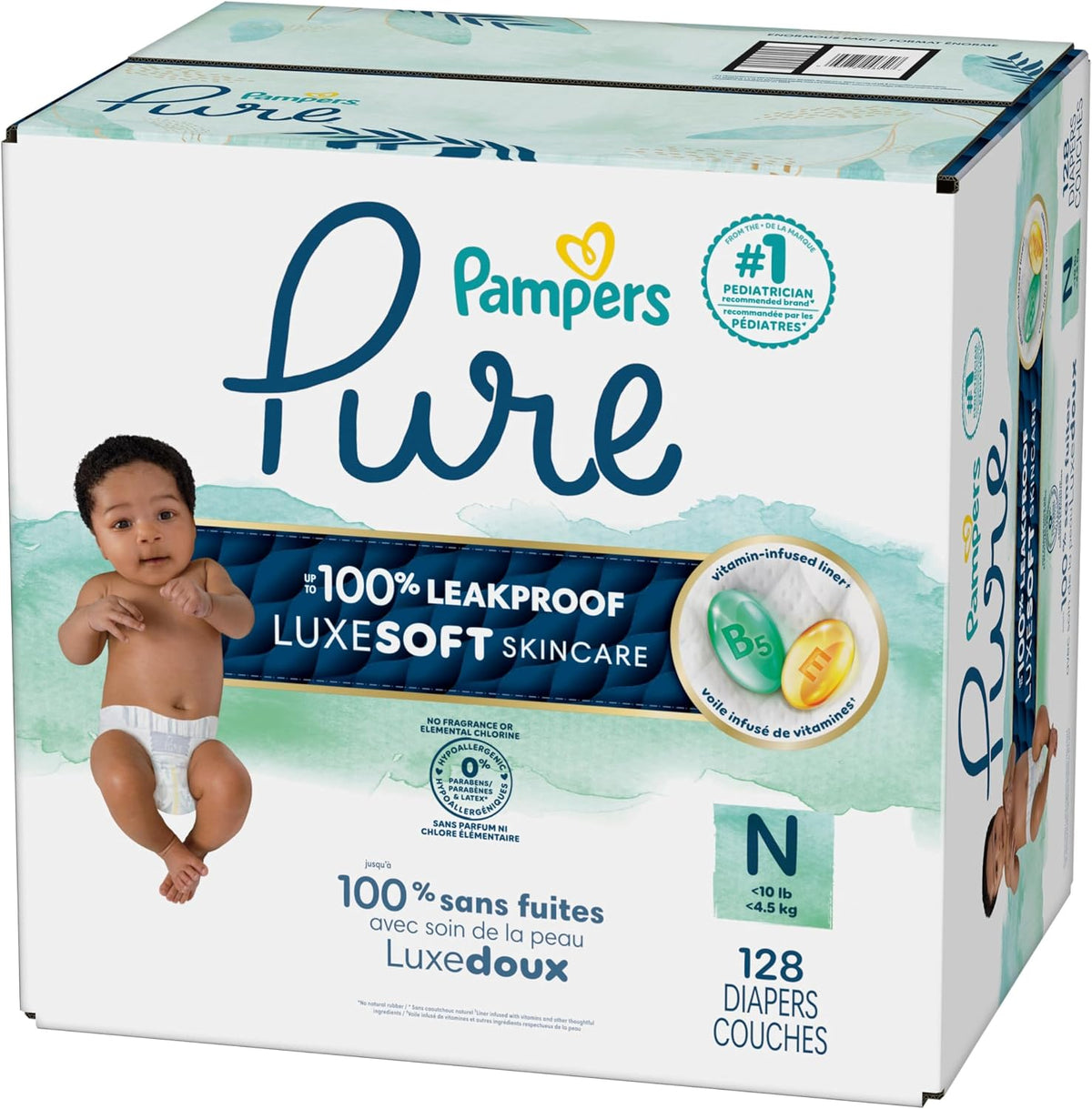 Pampers Diapers Size 0, 128 Count - Pure Protection Disposable Baby Diapers, Hypoallergenic and Unscented Protection, Enormous Pack (Packaging & Prints May Vary)