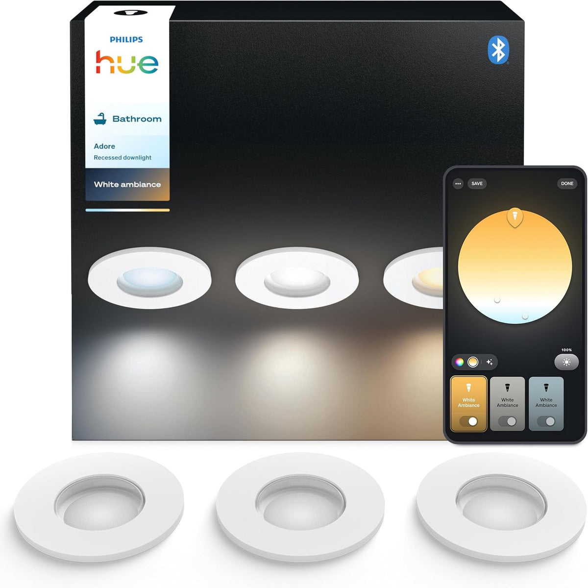 Philips Hue White Ambiance Adore 3 x 5 W Chrome Recessed Bathroom Lighting with Dimmer Control, App Controlled, Compatible with Amazon Alexa, White — white