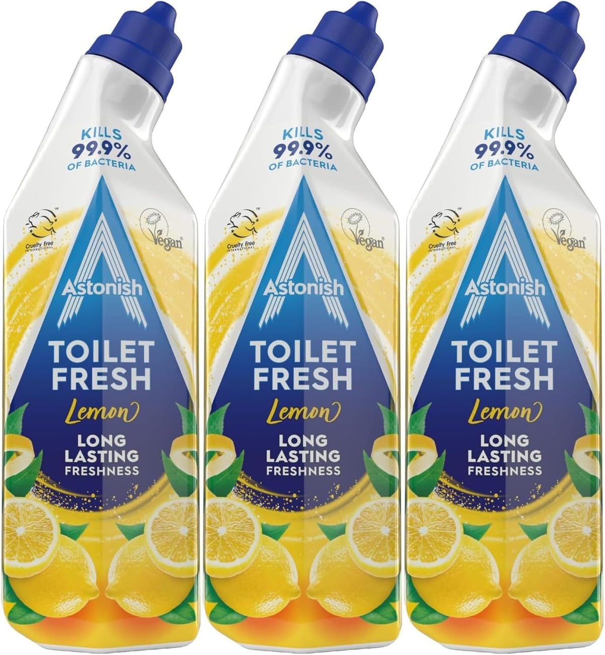 Astonish Toilet Fresh - Lemon - Long Lasting Fragrance - Kills 99.9% Bacteria - 360 Degree - Easy Cleaning - Prevent Limescale Buildup - Fast Working - Cruelty Free - Vegan -750ML * 3 Pack — front product image