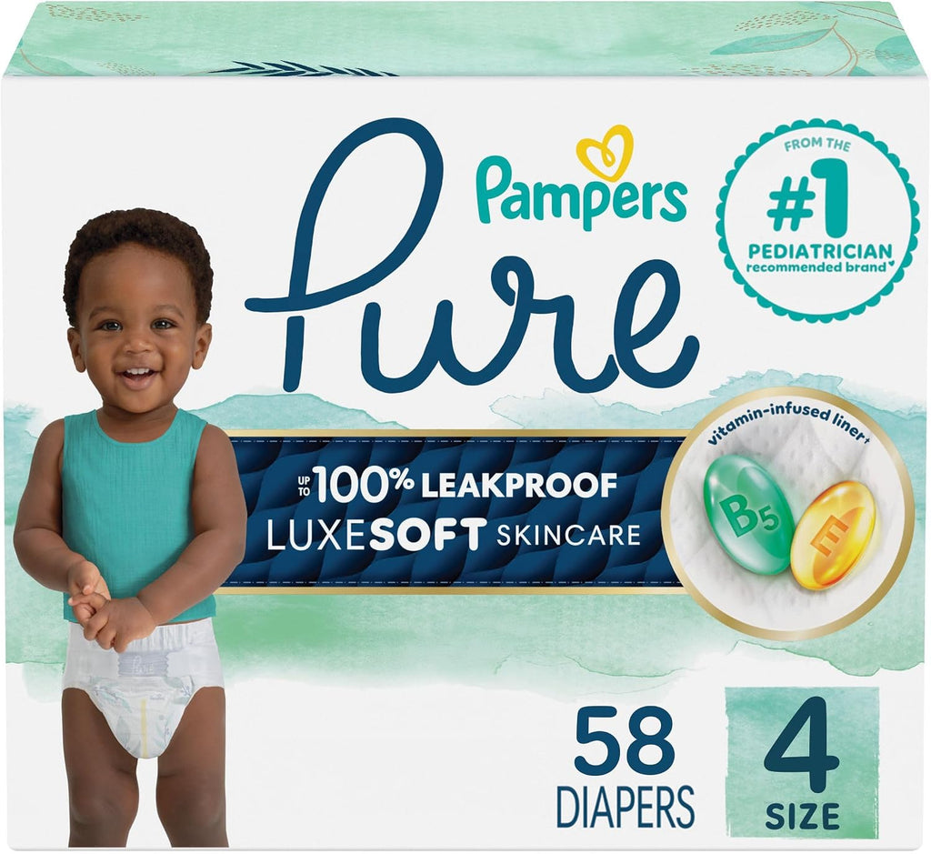 Pampers Pure Protection Diapers - Size 4, 58 Count, Hypoallergenic Premium Disposable Baby Diapers (Packaging May Vary)