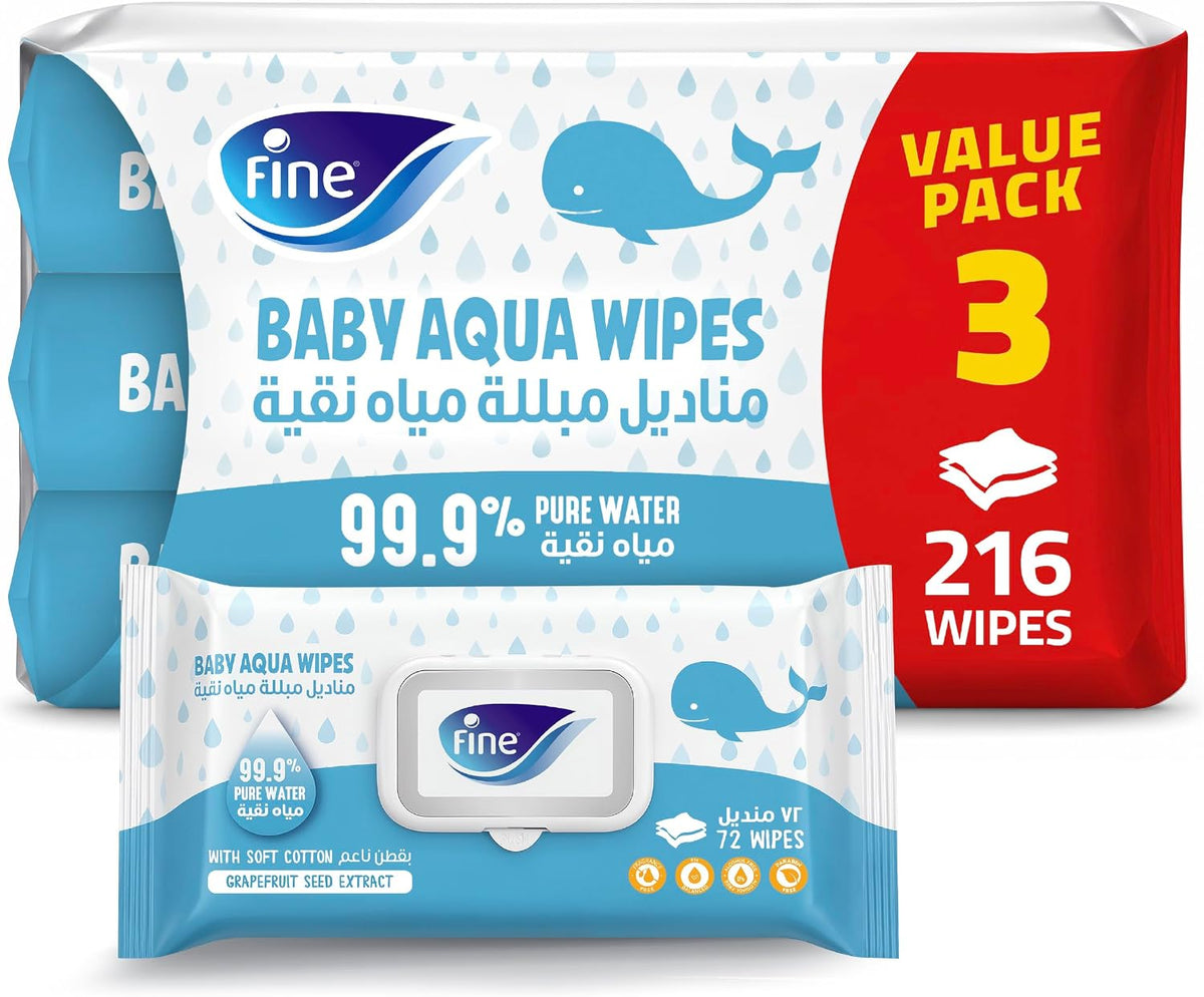 Fine Baby Aqua Wipes – Pack of 3 x 72 Sheets (216 Wipes), 99.9% Pure Water & Soft Cotton — front product image