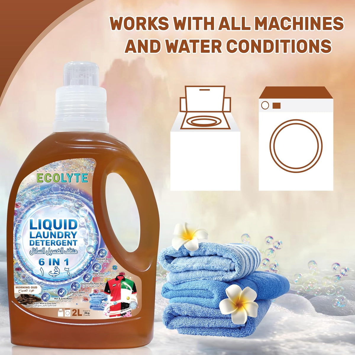 ECOLYTE+ Liquid Laundry Detergent for All Washing Machines, 6 in 1 Deep Clean Technology, Power Gel, Color Care, Perfect Cleanliness & Long-Lasting Freshness - (Morning Oud, 2 Liter) — additional view 4