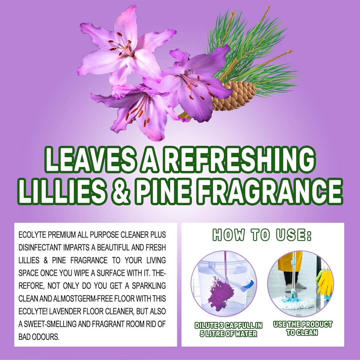 ECOLYTE+ Floor Cleaner, Premium All Purpose Cleaner Plus Disinfectant, for Hospital, Home, Office & Commercial Use for Dirt, Stains & Germs, Floor Cleaning (Lillies & Pine, 1 Liter) — additional view 5